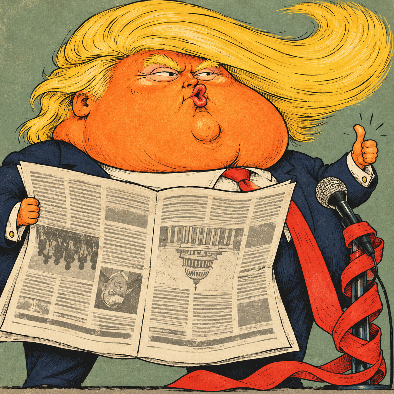 Goofy Trump caricature with enormous wave-shaped blond hair, an upside-down newspaper and a red tie tangled around a microphone